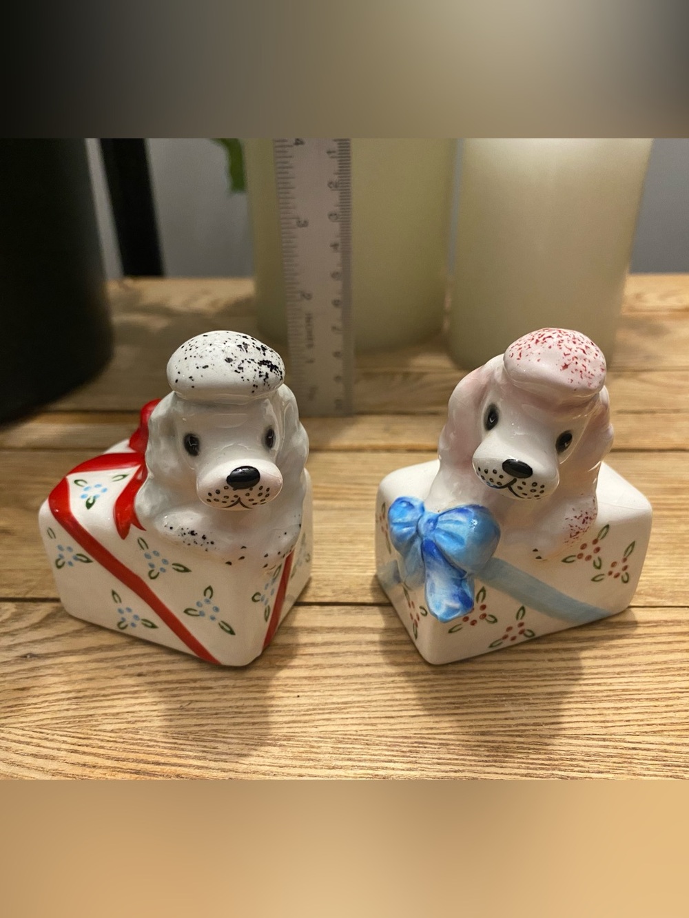 VTG PY Japan Ucagco Christmas Poodle Dog on Gift Present Salt & Pepper Shakers
